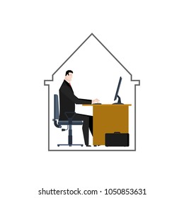Mini office. Office space for one. Businessman in house. Vector illustration