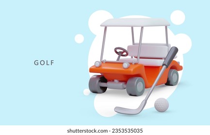 Mini passenger golf car. Realistic illustration in cartoon style. Transporting players. Advertising of golf club with large course. Expensive luxury sport