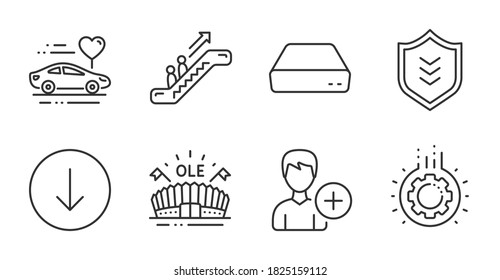 Los iconos de la línea Mini pc, Escalador y Engranaje están configurados. Viajes de luna de miel, arena deportiva y signos Escudo. Desplazarse hacia abajo, Añadir símbolos de persona. Computadora, Ascensor, Proceso de trabajo. Conjunto de negocios. Iconos de línea de calidad. Vector