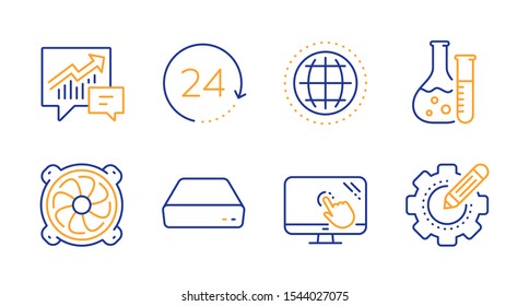Mini pc, Globe and Chemistry lab line icons set. Computer fan, Accounting and Touch screen signs. 24 hours, Settings gear symbols. Computer, Internet world. Science set. Line mini pc icon. Vector