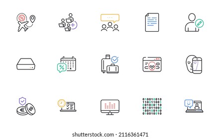 Mini pc, Meeting and Discounts calendar line icons for website, printing. Collection of Flight sale, Savings insurance, Document icons. Binary code, Cyber attack, Add team web elements. Vector