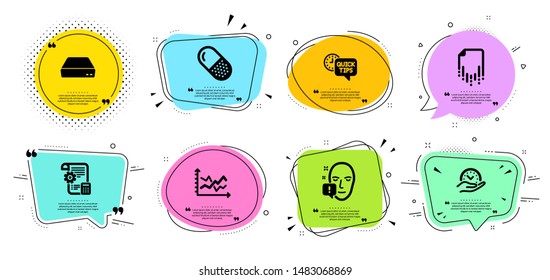 Mini pc, Recovery file and Quick tips line icons set. Chat bubbles with quotes. Diagram chart, Safe time and Face attention signs. Settings blueprint, Capsule pill symbols. Vector