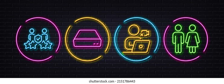 Mini pc, Security agency and Video conference minimal line icons. Neon laser 3d lights. Restroom icons. For web, application, printing. Computer, Body guards, Online training. Wc toilet. Vector