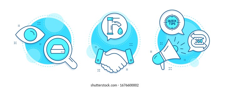 Mini pc, Tips and 360 degree line icons set. Handshake deal, research and promotion complex icons. Tap water sign. Computer, Quick tricks, Virtual reality. Faucet. Technology set. Vector