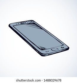 Mini pc touchphone with blank display show app an sign sms ui picture. Outline freehand black on white ink hand drawing icon sketch in art doodle style pen on paper. View closeup with space for text