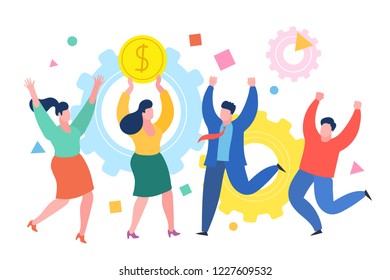 Mini people business concept. Successful businessman celebrates success with colleagues. Business concept of success, achievement, wealth. Flat design, vector illustration.