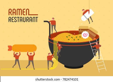 Mini People Character And Giant Japan Noodle Ramen Restaurant Poster Concept Vector Illustration Flat Design