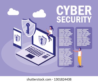 minipersonas con dispositivos electrónicos y ciberseguridad