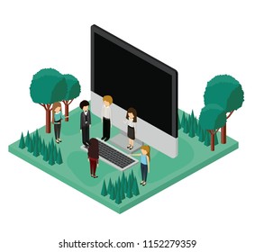 mini people with forest scene and desktop computer