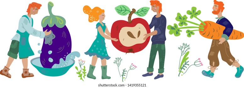 Mini people gathering harvest of vegetables and fruits the cartoon vector illustration isolated on white background. Concept for vegetarian stores and autumn season vegetables street markets.