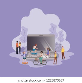 mini people with laptop computer