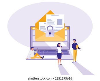 mini people with laptop computer and envelope