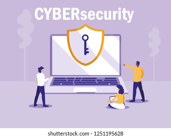 mini people with laptop computer and shield