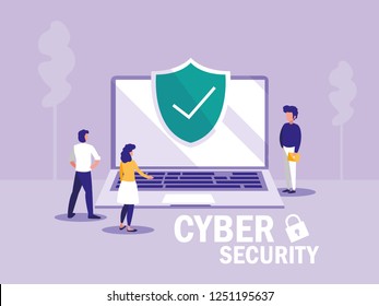 mini people with laptop computer and shield