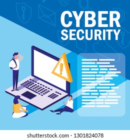 mini people with laptop and cyber security