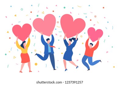 Mini people with red hearts in hands. Men and women hold hearts. Valenine day. Love and relationship. Flat design, vector illustration.