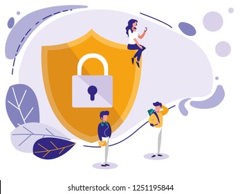 mini people and shield with padlock