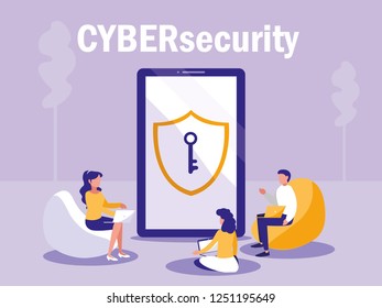mini people sitting with tablet device and shield