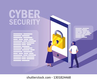 mini people with smartphone and cyber security