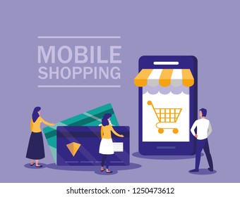 mini people with smartphone and shopping online