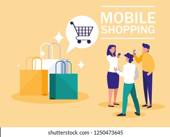 mini people with smartphone and shopping online