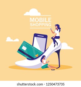 mini people with smartphone and shopping online