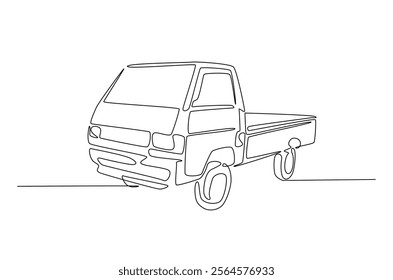 Mini pick-up truck in continuous one line drawing. Single line draw of light truck illustration. Editable vector.  