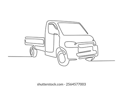 Mini pick-up truck in continuous one line drawing. Single line draw of light truck illustration. Editable vector.  