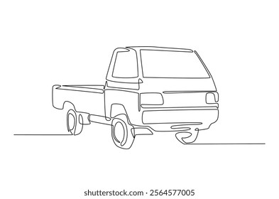 Mini pick-up truck in continuous one line drawing. Single line draw of light truck illustration. Editable vector.  