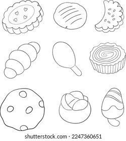 Mini Pie, Choco Crunch, Praline, Anise Seed and Other Delicious Cookies Vector Line Art