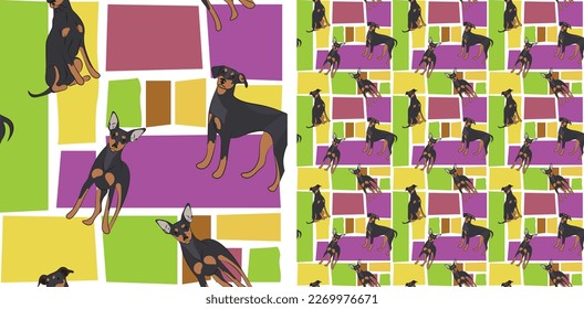 Mini Pinscher dog summer bright wallpaper. Holiday abstract shapes square seamless background, repeatable pattern. Birthday wallpaper, Christmas present, print tiles. Simple puzzle with dogs,miniature