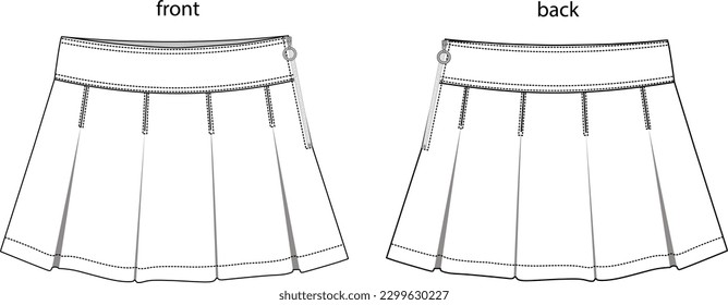 minifalda de escuela plisada, cierre de cremallera lateral, uniforme escolar de las mujeres y las adolescentes,
dibujo de falda delantera y trasera, plantilla plana de falda plisada, cad de falda