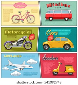 Mini posters set of bicycle minibus motorcycle car airplane and scooter drawing in flat comic style vector illustration