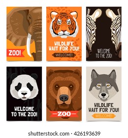 Mini posters set with different wild animals heads on each poster and zoo advertising flat vector illustration