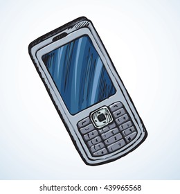 Mini pressbutton phone with blank display. Outline freehand color hand drawing picture sketch in art doodle style. View closeup with space for text