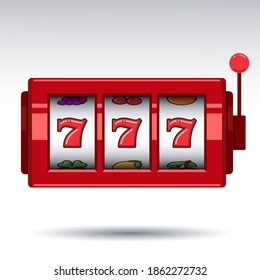 Mini red slot machine with lucky sevens jackpot on white background