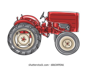 mini red Tractor  Vintage hand drawn vector art illustration