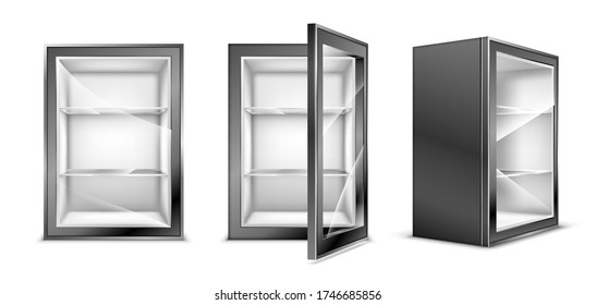 Mini refrigerator for beverages with transparent glass door. Empty gray fridge for fresh food or drinks in supermarket or kitchen. Realistic 3d vector modern cooler with shelves front and corner view