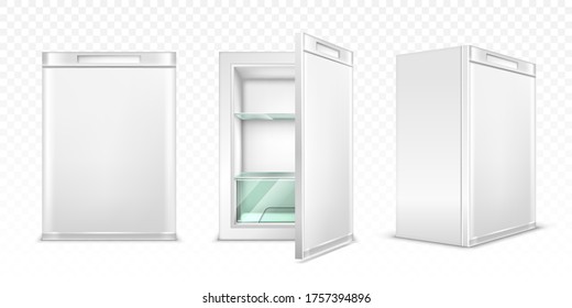 Mini refrigerator, empty white kitchen fridge with close and open door for fresh food or drinks. Realistic 3d vector cooler with glass shelves front and corner view isolated on transparent background.