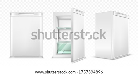 Mini refrigerator, empty white kitchen fridge with close and open door for fresh food or drinks. Realistic 3d vector cooler with glass shelves front and corner view isolated on transparent background.