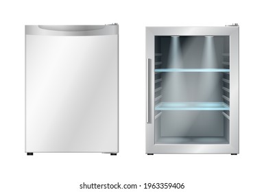 Mini refrigerator with open and closed door. Modern freezer or small fridge for hotel room. Cooler for product and meal storage. 3d vector illustration