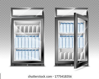 Mini refrigerator with water bottles and beverages, fridge with advertising digital display and transparent close and open glass door. Realistic 3d vector cooler with drinks on shelves front view