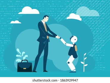 Mini robot helping to a  businessman. Human vs Robots concept. Businessman competing with artificial intelligence, seeking help, relay on cyborg. 