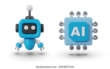 Mini robot, processor with AI label. Set of vector objects in cartoon 3D style