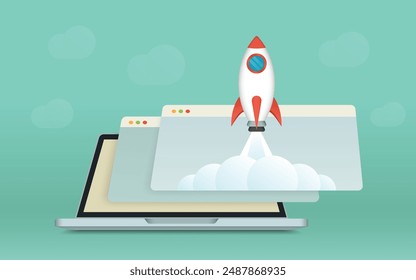A mini rocket launching from an open laptop screen, a minimalist business startup representative illustration