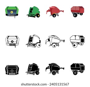 Mini Baler Redondo Máquina Ilustración Clip Art Vector Set, Mini Baler Redondo Máquina Aislada Fondo Blanco. Mini Transporte De Tractor De Maquinaria, Vector De Contorno Antiguo.