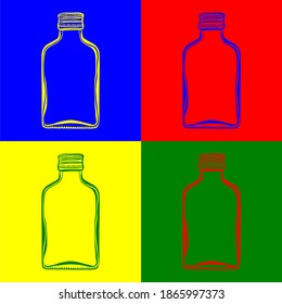 A mini russian vodka bottle on a four blue, red, yellow and green backgrounds