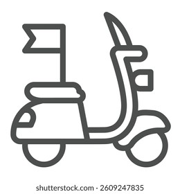 Mini scooter with flag line icon, tropical voyage concept. Vector graphics. City motorbike vehicle transport sign on white background, outline style icon for mobile or web design