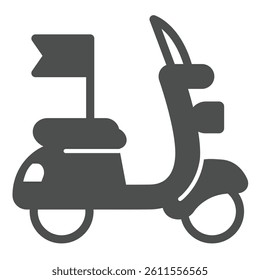 Mini scooter with flag solid icon, tropical voyage concept. Vector graphics. City motorbike vehicle transport sign on white background, glyph style icon for mobile or web design
