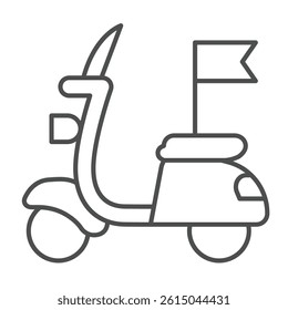 Mini scooter with flag thin line icon, tropical voyage concept. Vector graphics. City motorbike vehicle transport sign on white background, outline style icon for mobile or web design